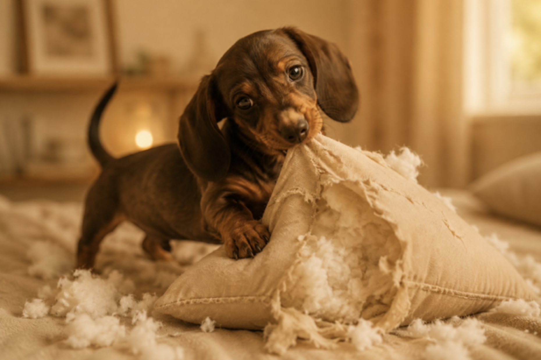 Un chien détruisant un coussin